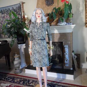 Derek Lam New York Beige/Black Silk Animal Print Belted Shift Dress - Size US 2